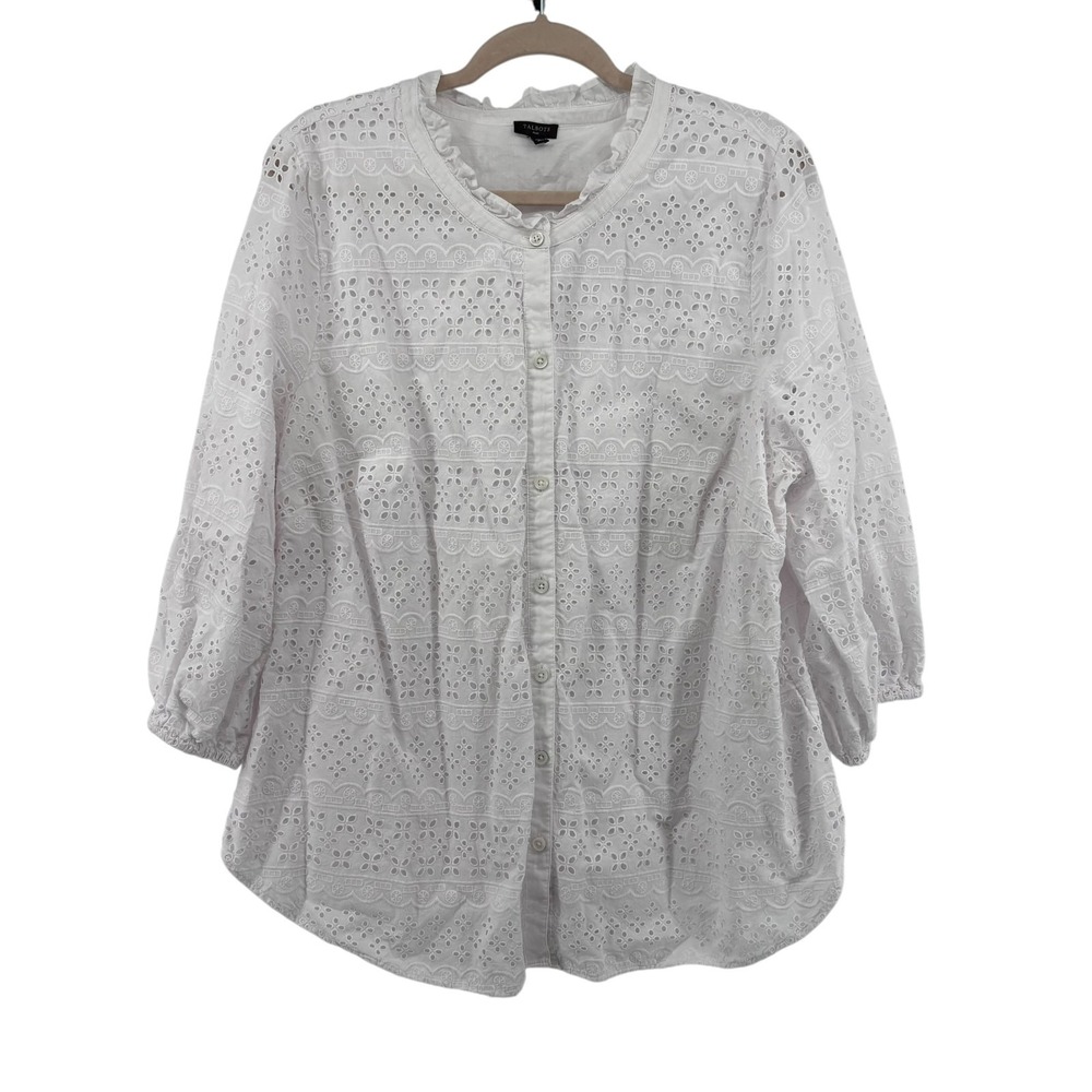 Talbots Plus White Cotton Eyelet Blouse 2X Button Front Cottagecore